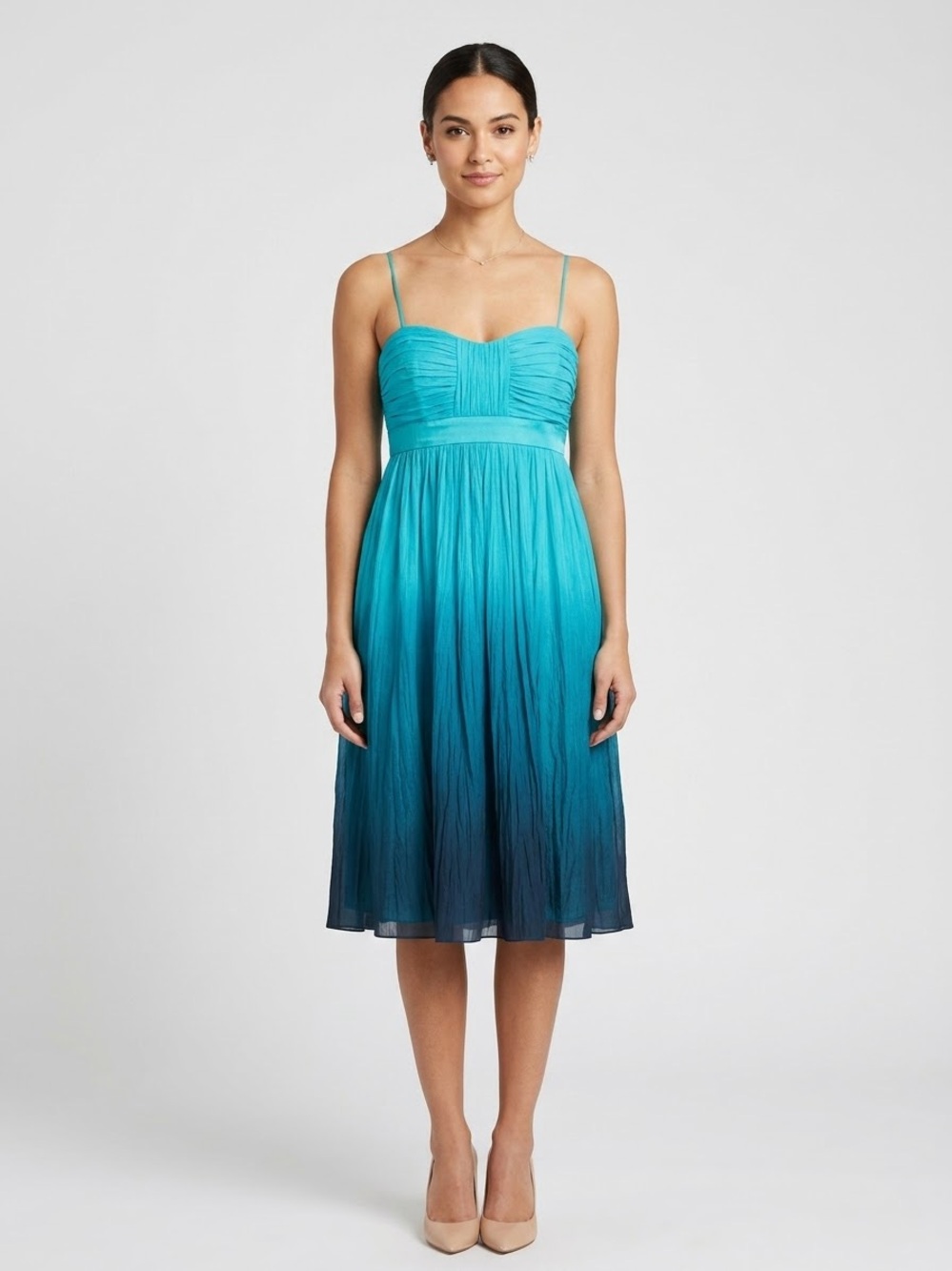 Donna Morgan 100% Silk Ombre Chiffon Dress Turquoise Blue Pleated Sweetheart